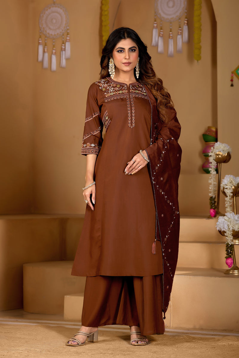 Coffee Viscose Mango Silk Anarkali Kurti Set