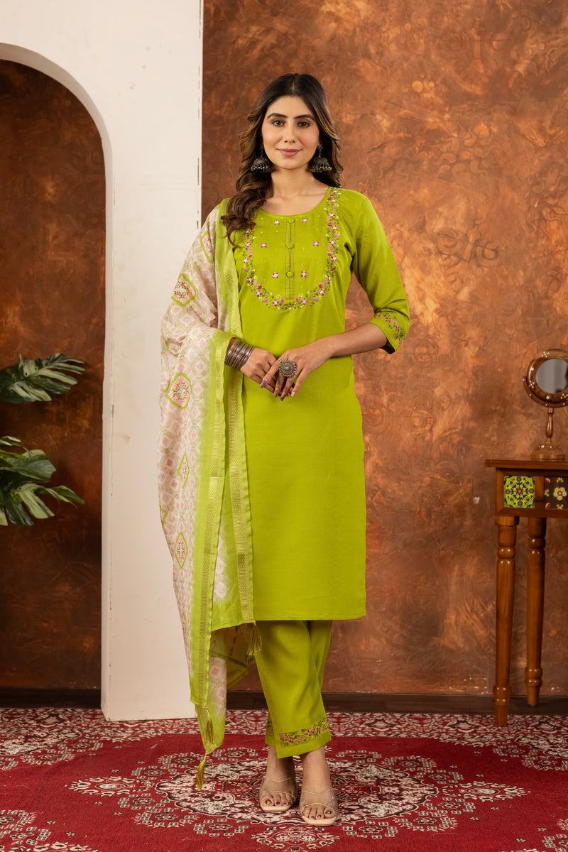 Marina Silk Lime Green Embroidered Kurta Set