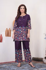Elegant Wine Floral Printed Pure Cotton Co-Ord Set
