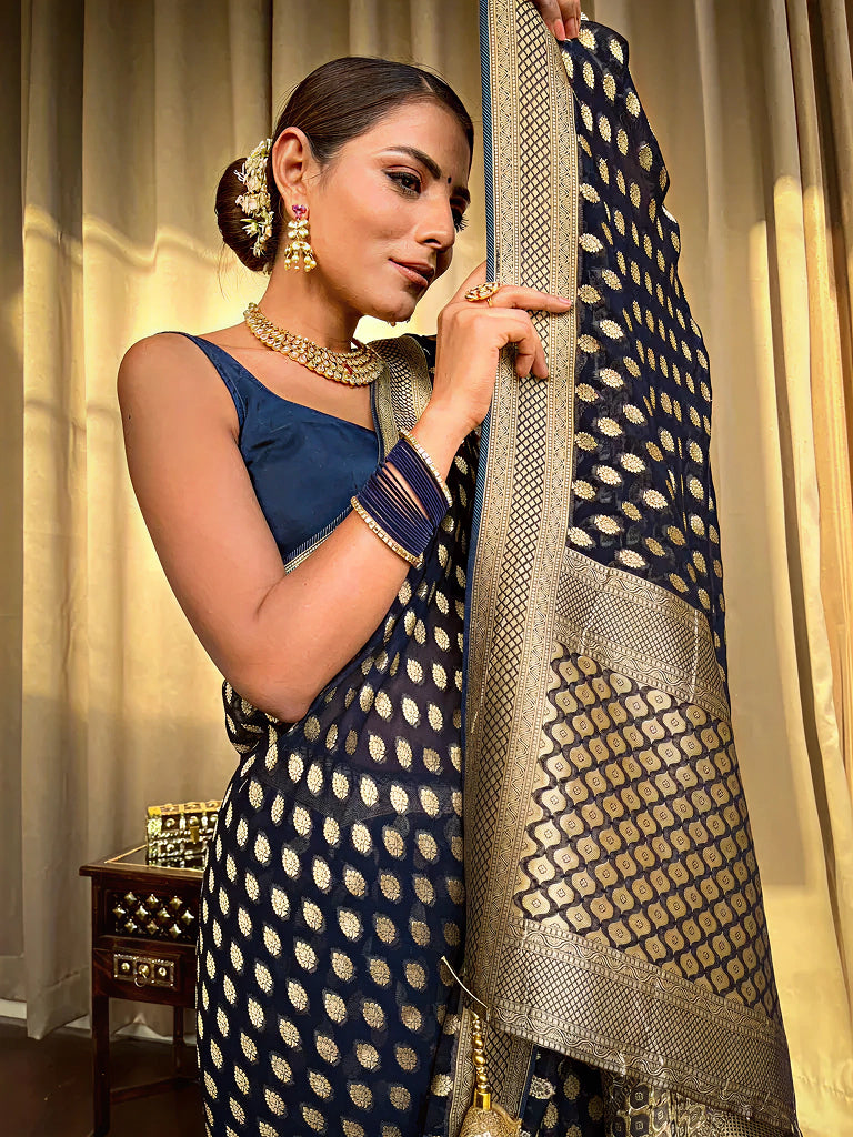 Luxurious Navy Blue Jacquard Saree