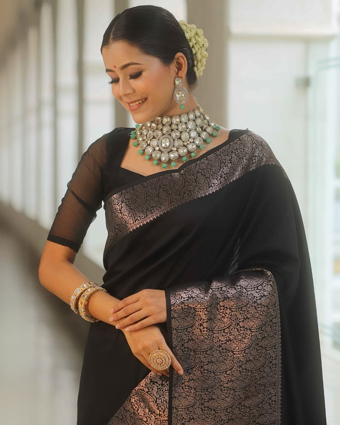 Luxury Black Jacquard Saree – Classic Elegance with Premium Woven Detailing