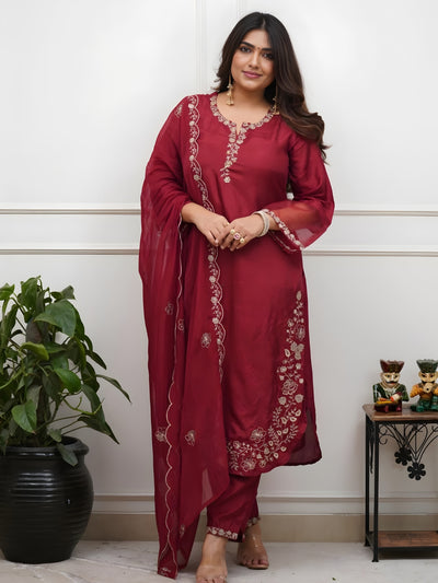Maroon Viscose Chanderi Embroidered Kurta Set