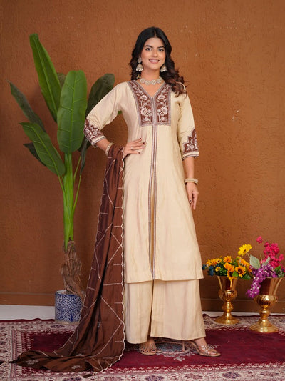 Cream Roman Silk Anarkali Kurti Set