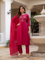 Pink Viscose Mango Silk Embroidered Kurti Set
