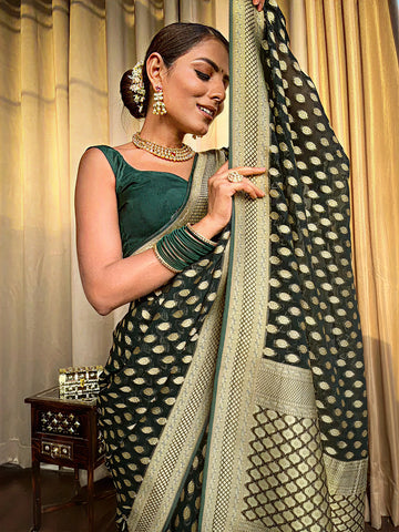 Mahendi Green Jacquard Saree – Premium Woven Festive Wear with Elegant Traditional Detailing