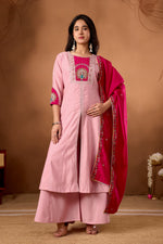 Elegant Pink Roman Silk Kurti Set