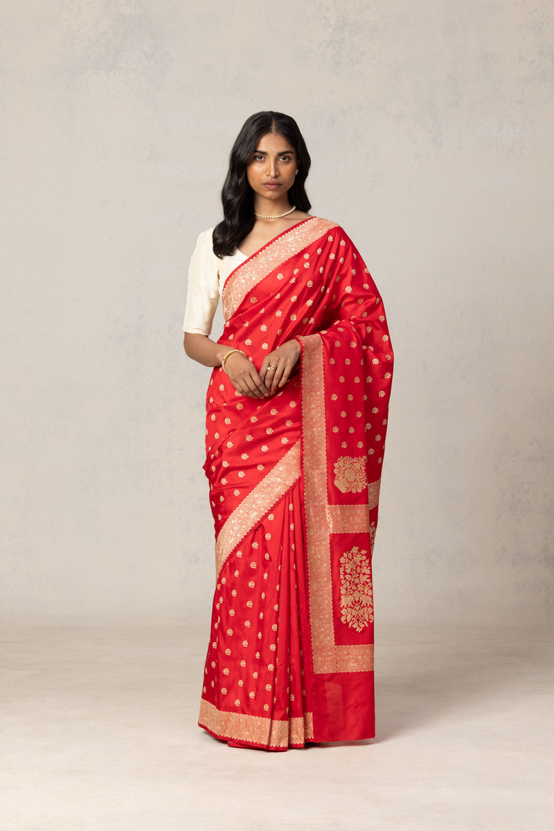 Bright Red Jacquard Saree for Women