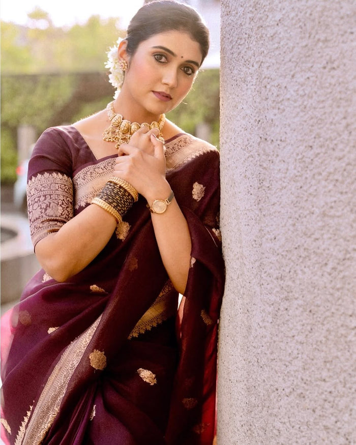 Elegant Maroon Jacquard Saree with Rich Woven Detailing