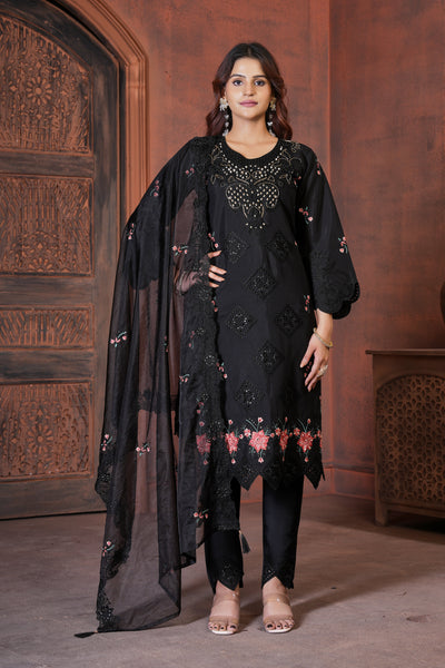 Black Heavy Viscose Roman Silk Embroidered Kurti Pant Dupatta Set