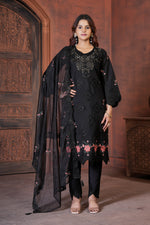Black Heavy Viscose Roman Silk Embroidered Kurti Pant Dupatta Set
