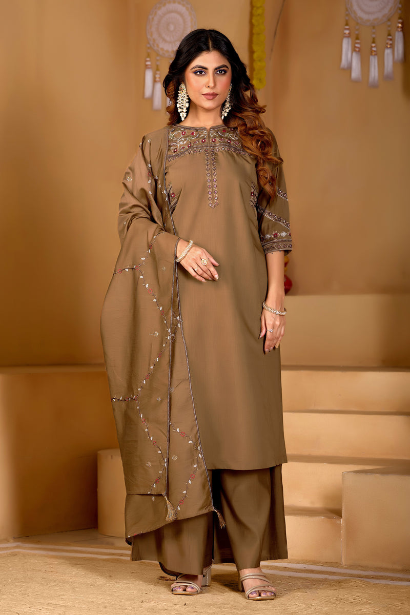 Brown Viscose Mango Silk Anarkali Kurti Set