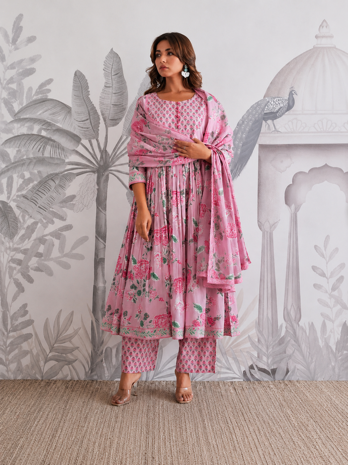 Jaipuri Cotton Flared Anarkali Suit Set