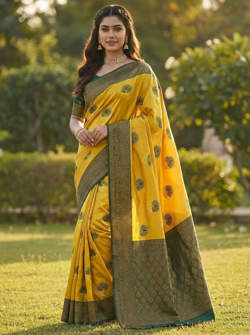 Yellow & Green Jacquard Silk Saree with Elegant Traditional Weaves