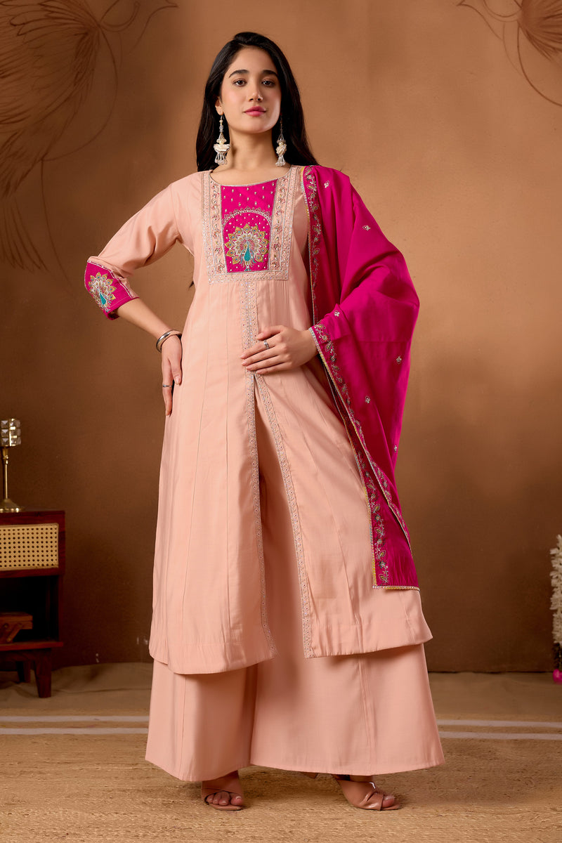 Elegant Peach Roman Silk Kurti Set