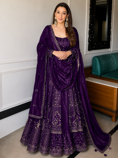 Purple Crunchy Silk Embroidered Anarkali Gown Set