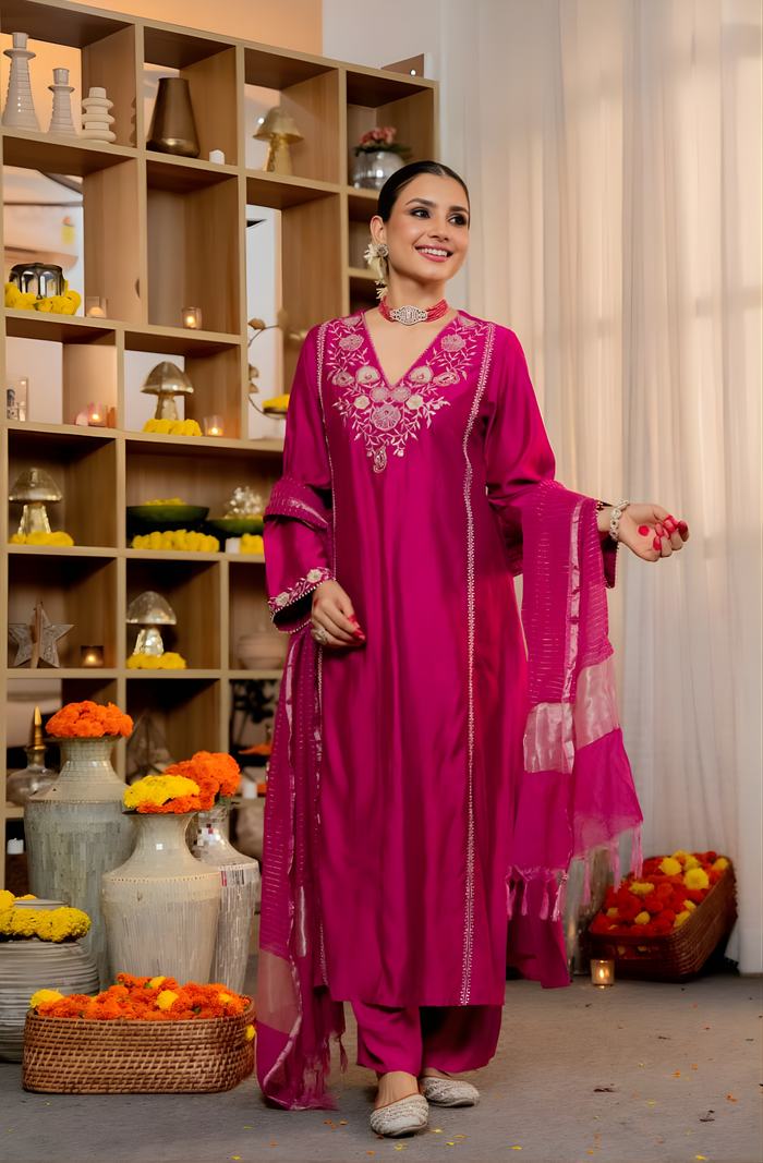 Pure Satori Silk Embroidered Rani Suit Set with Banarasi Silk Dupatta