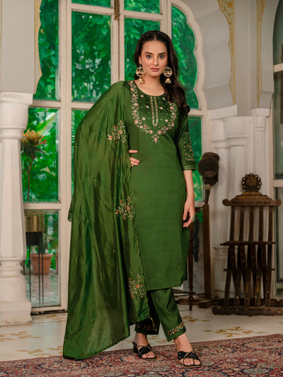 Mehndi Green Marina Silk Multi Embroidered Suit Set
