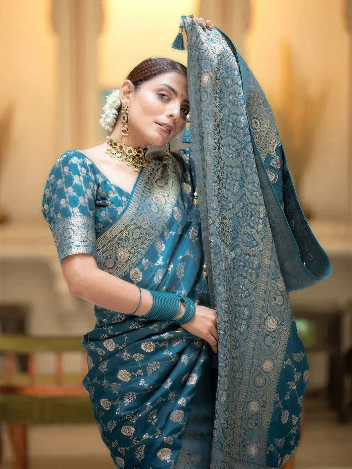 Tea Blue Jacquard Saree – Elegant Woven Saree for Festive, Party & Wedding Wear