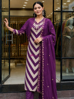 Wine Chanderi Handwork Kurta Pant With Dupatta Set