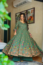 Dark Green Floral Printed Muslin Suit Set