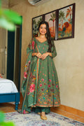 Dark Green Floral Printed Muslin Suit Set