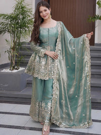 Sky Blue Embroidered Chartin Peplum Palazzo Suit Set