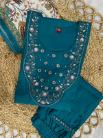 Teal Blue Premium Marina Silk Embroidered Kurti Pant Dupatta Set