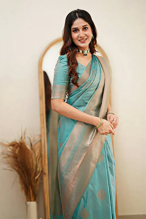 Tea Blue Jacquard Saree – Refreshing Woven Elegance for Festive & Special Occasions