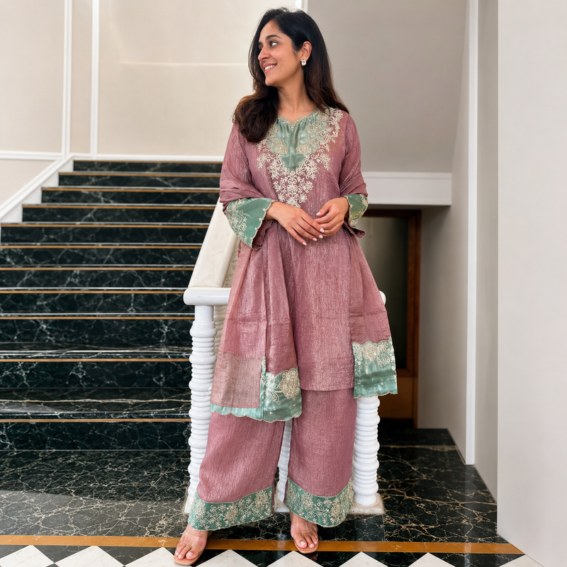 Elegant Dusty Rose Embroidered Kurta Palazzo Set