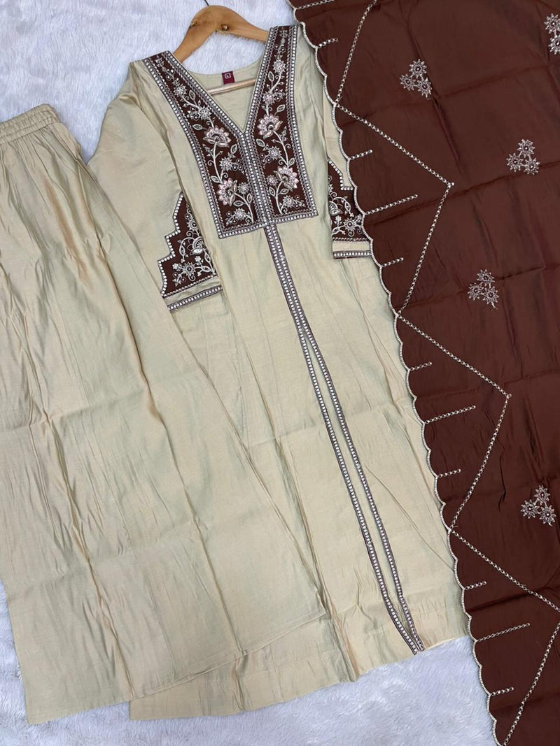 Cream Roman Silk Anarkali Kurti Set