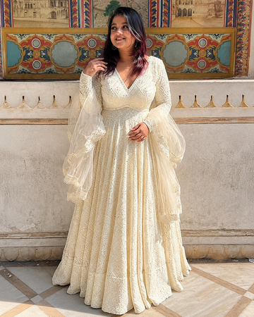 Ivory Mirror Work Georgette Anarkali Suit Set