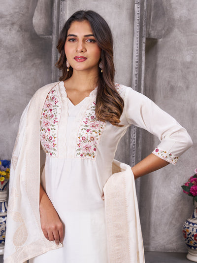 Off White Roman Silk Embroidered Kurti Pant Dupatta Set