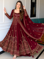 Maroon Crunchy Silk Embroidered Anarkali Gown Set