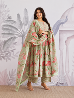 Green Floral Jaipuri Cotton Flared Anarkali Suit Set