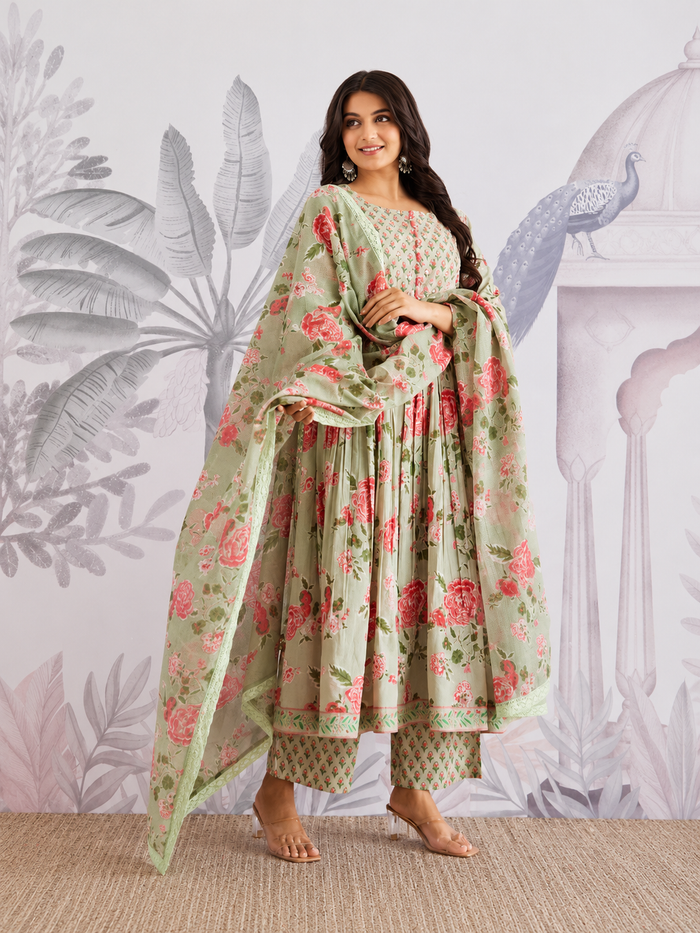 Green Floral Jaipuri Cotton Flared Anarkali Suit Set