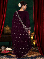 Maroon Embroidered Velvet A-Line Suit Set
