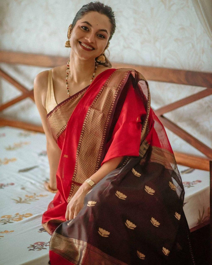 Red Jacquard Saree – Elegant Festive Wear with Rich Woven Detailing