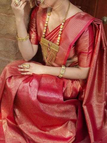 Elegant Red Jacquard Saree for Women | Rich Woven Design, Festive & Wedding Wear