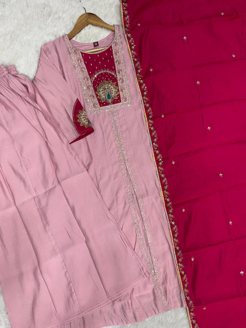 Elegant Pink Roman Silk Kurti Set