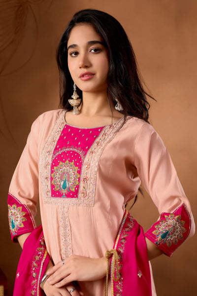 Elegant Peach Roman Silk Kurti Set