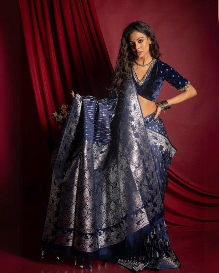 Dark Blue Jacquard Saree for Royal Festive & Party Wear Elegance