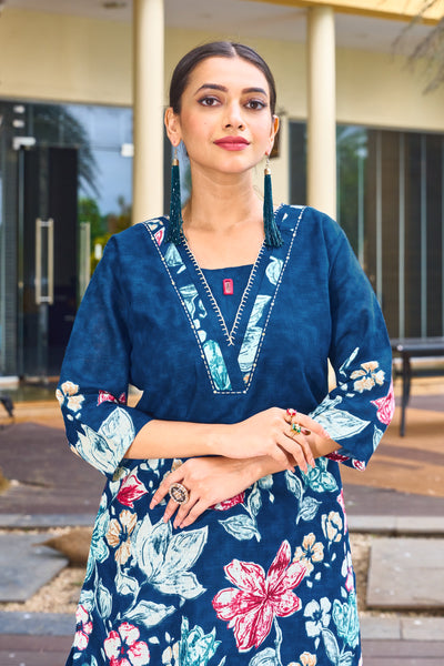 Elegant Blue Pure Cotton Floral Co-ords Set