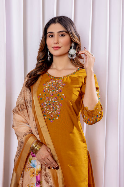 Elegant Mustard Viscose Silk Embroidered Kurta Set