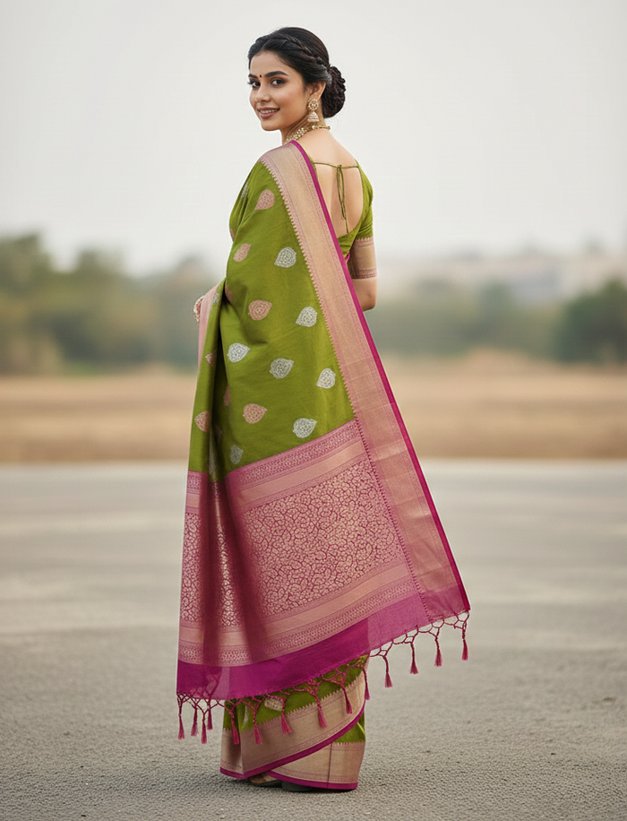 Mahendi Green Jacquard Saree – Elegant Festive Wear with Rich Woven Detailing