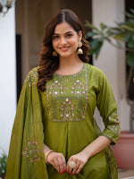 Mehndi Green Viscose Mango Silk Embroidered Kurti Set