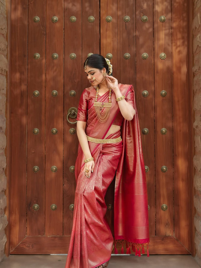 Elegant Red Jacquard Saree for Women | Rich Woven Design, Festive & Wedding Wear