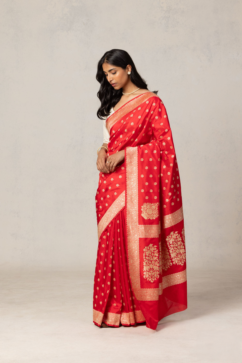 Bright Red Jacquard Saree for Women