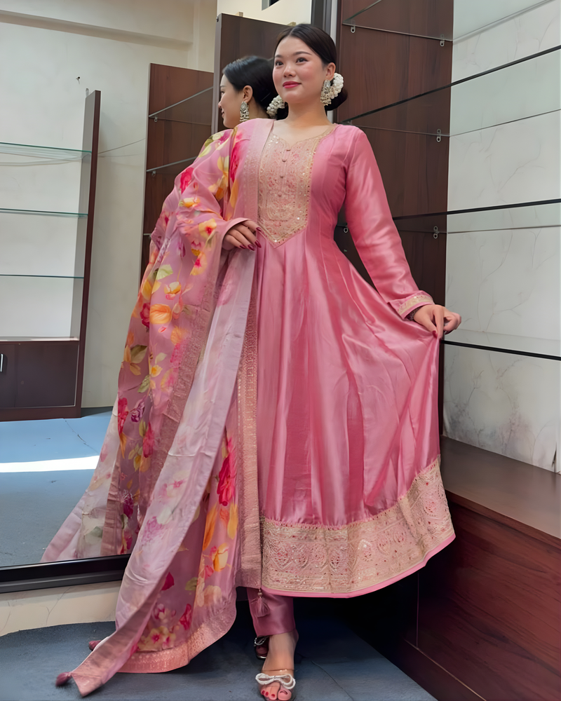 Priya Anarkali Flared Banana Silk Kurti Pant Dupatta Set
