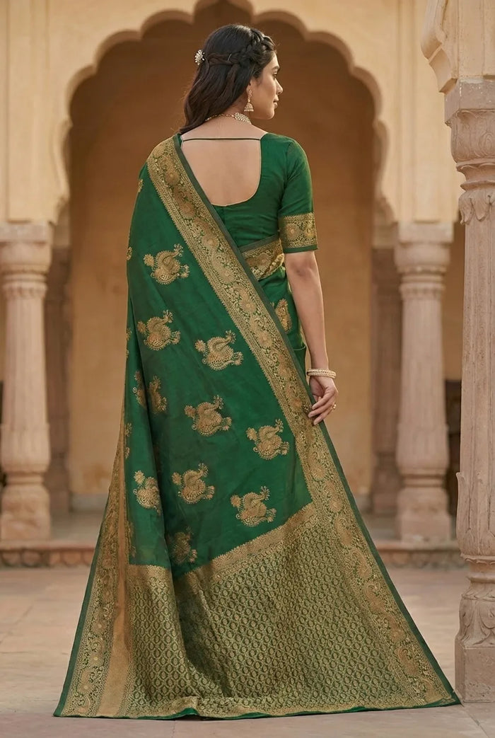 Emerald Green Jacquard Silk Saree with Luxurious Woven Art | Festive & Wedding Elegance