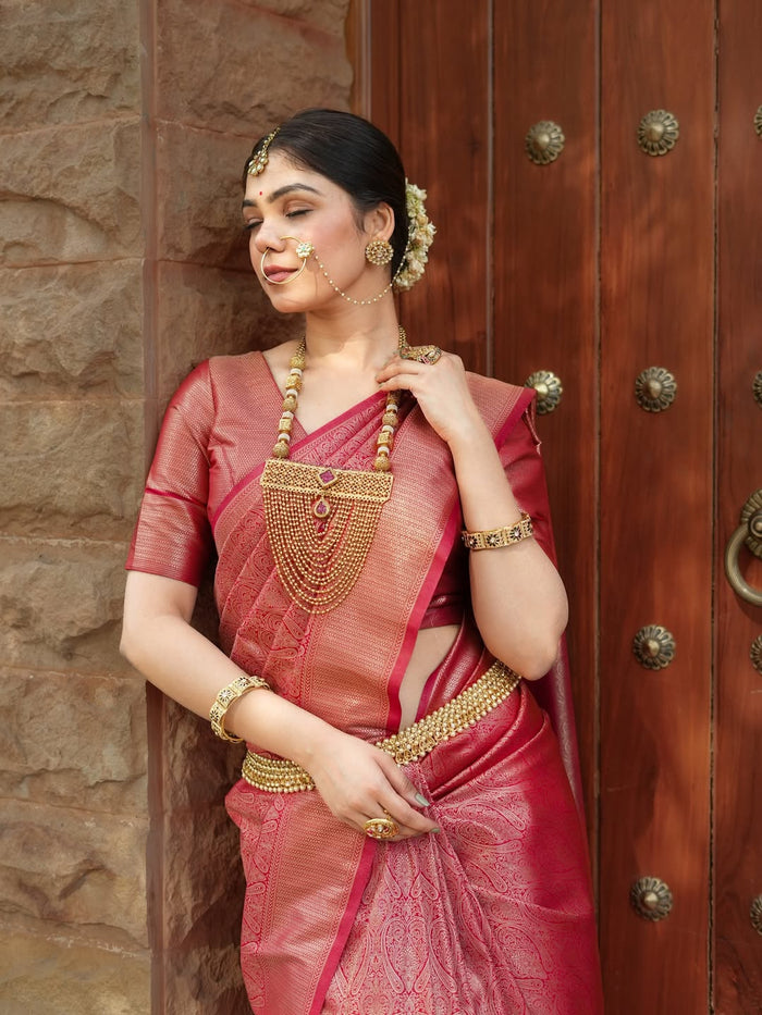 Elegant Red Jacquard Saree for Women | Rich Woven Design, Festive & Wedding Wear